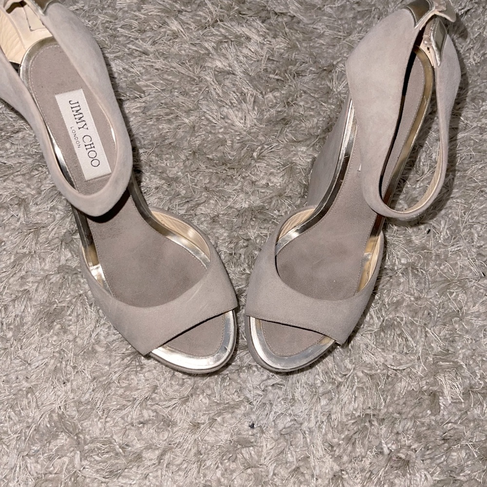 JIMMY CHOO TAUPE WEDGE SANDAL